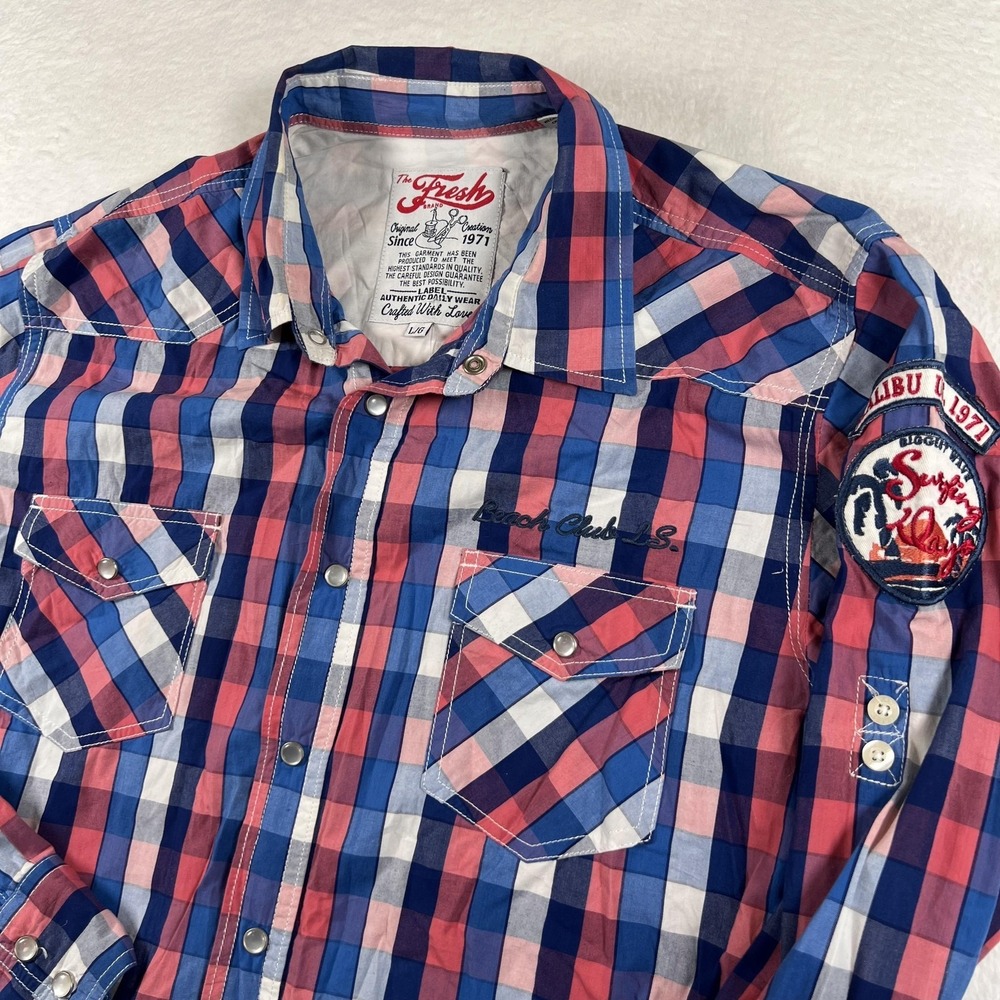 The Fresh Brand Shirt‎ Mens Large Pearl Snap Multicolor Check Malibu Surfing